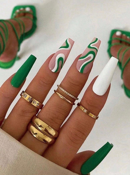 White & Green Waves Nails