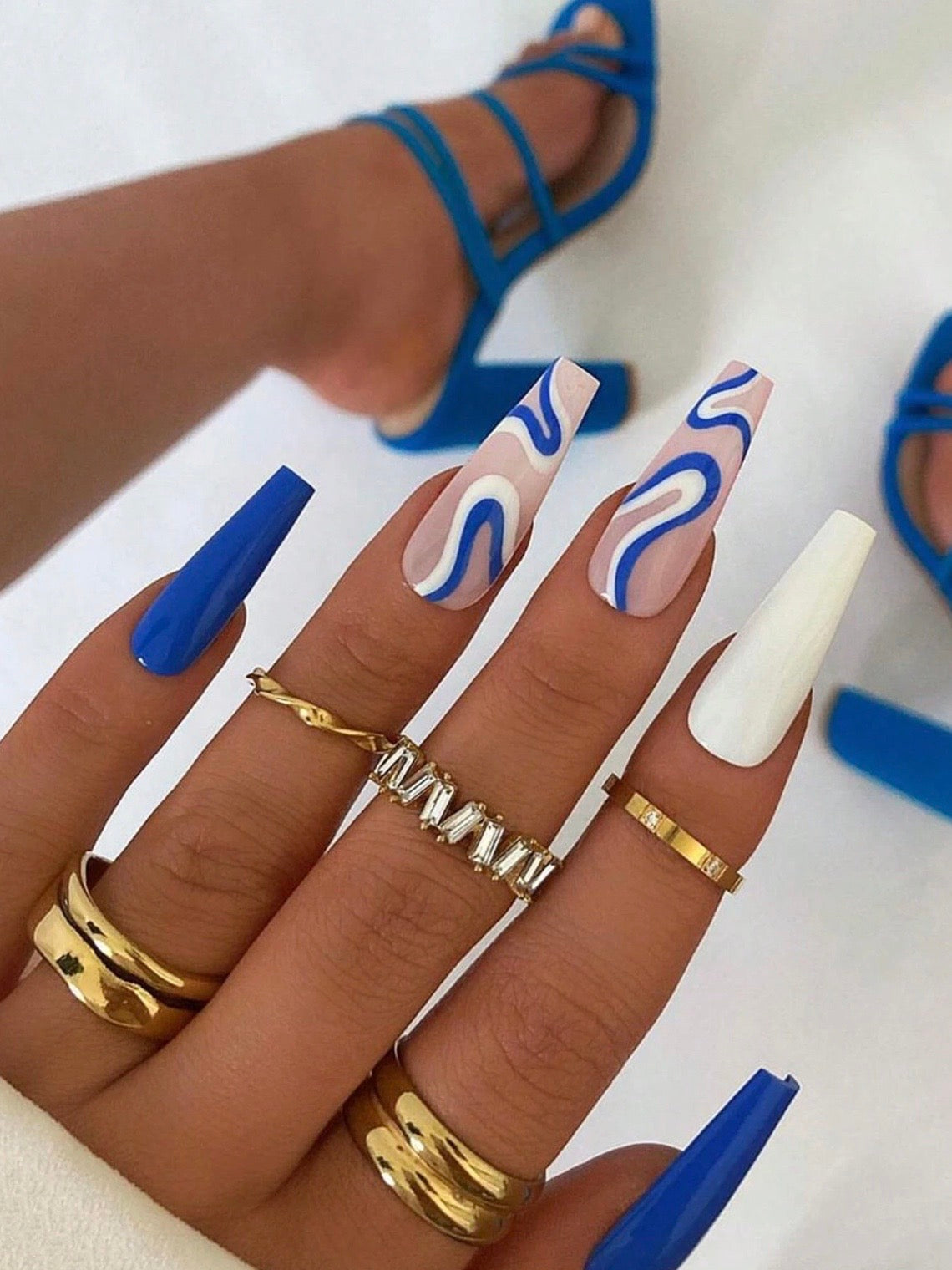 White & Blue Waves Nails